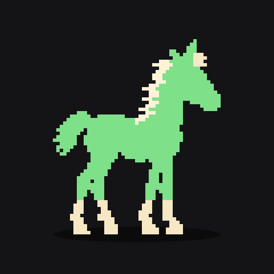 Green Hunter, Stage 1. Jade coat, Star blaze, Four socks, Pale mane.
